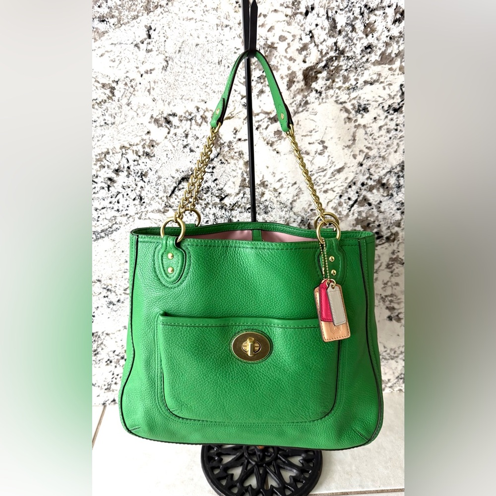 NEW Lux Pebble Leather Genuine Coach Poppy Medium Tote, Kelly Green__Retail $398